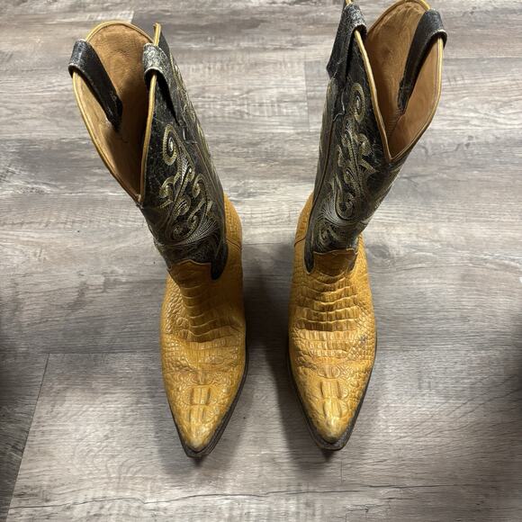 Potro Salvaje Mens Cowboy Boots Size 27.5 Mex US 9.5 Yellow Caiman Print Pointed